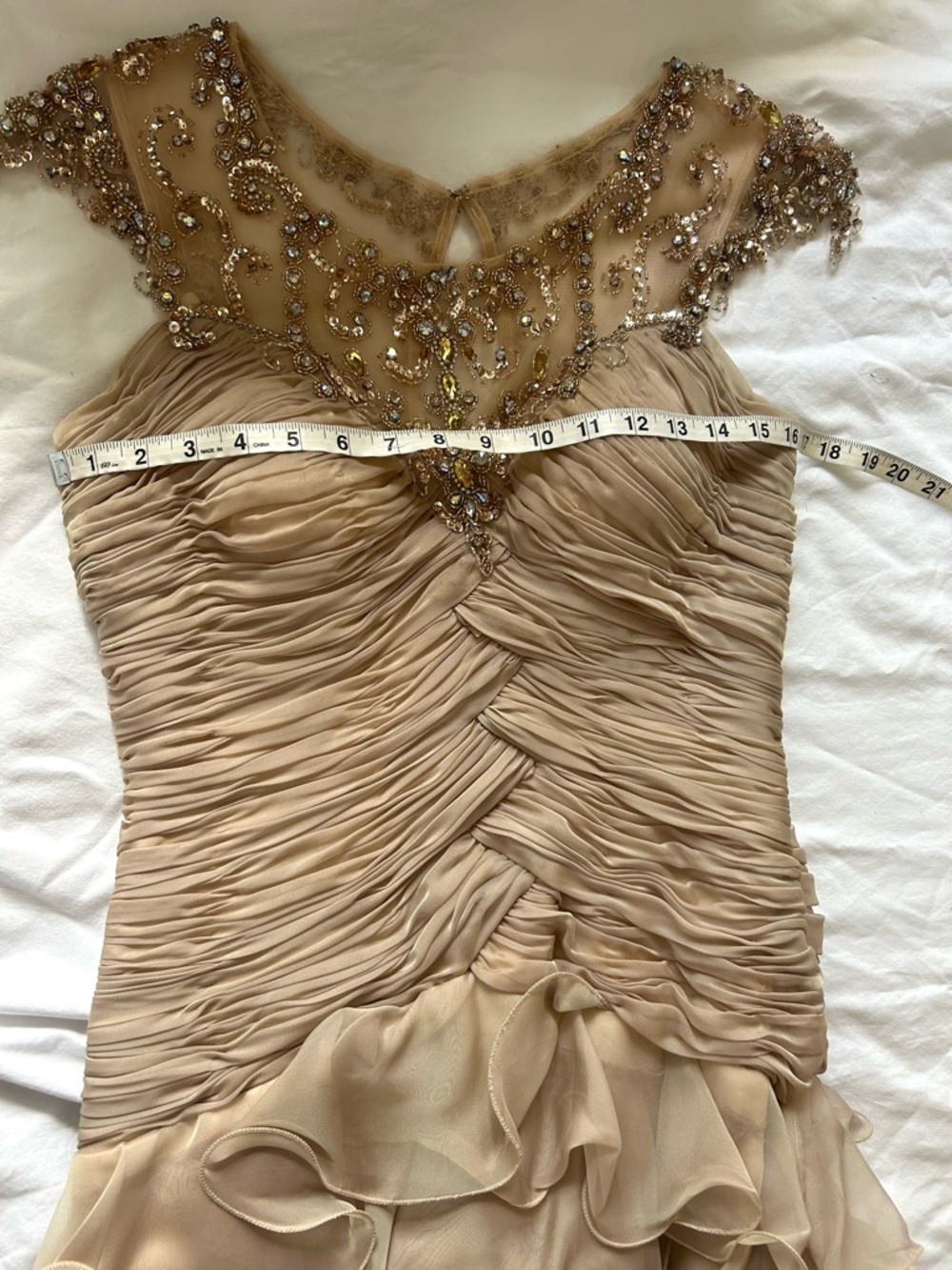 Shail K Gold Beaded Formal Dress Size 6 |  Neckline Ruffle Chiffon Prom Wedding - Picture 5 of 7